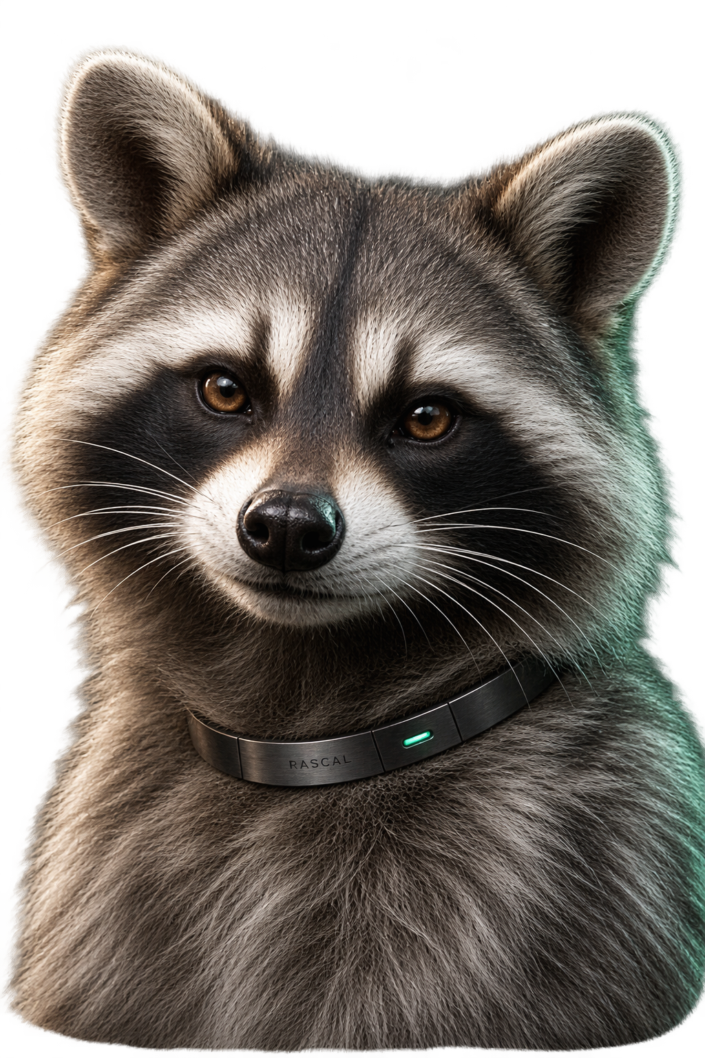 Silver RASCAL raccoon with amber eyes and a titanium collar